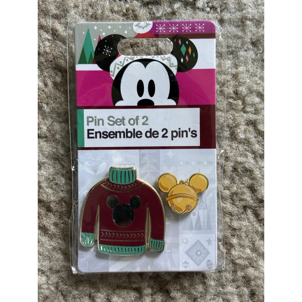 Disney Parks 2018 Christmas Holiday Red Ugly Sweater Mickey Jingle Bell 2 Pin